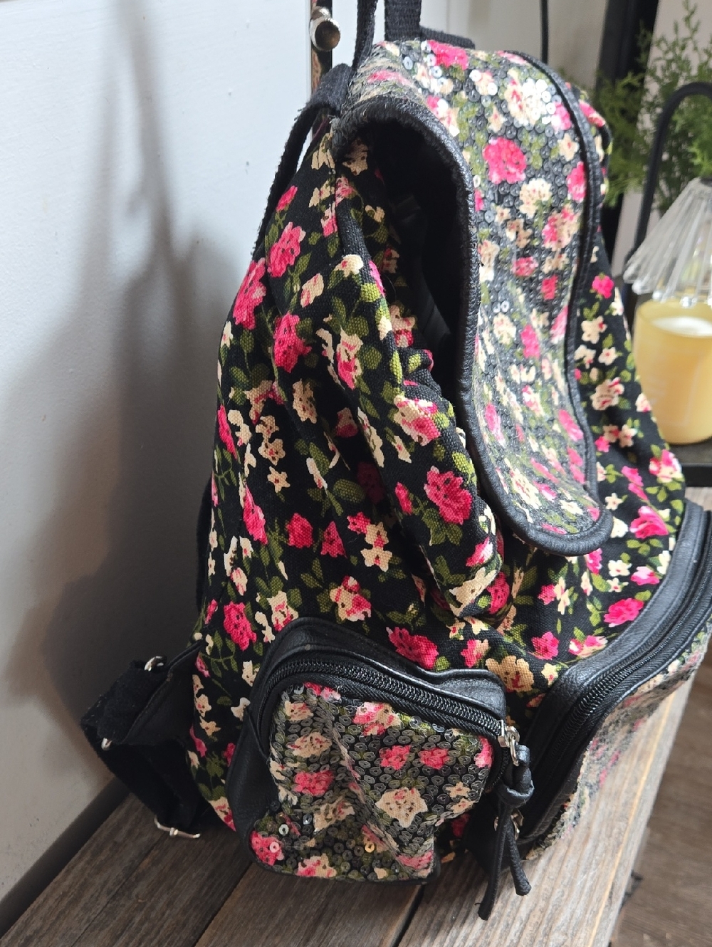 Candies Y2K Floral Sequin Backpack - Black with Pink & Cream Flowers Large - Picture 3 of 10